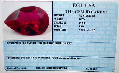 EGL USA CERTIFIED NATURAL PEAR SHAPE RED RUBY 0.27 CT JULY BIRTHSTONE GEMSTONE - Image 1 of 4