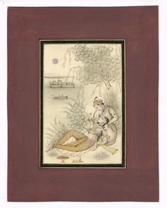 Handmade Mughal Miniature Painting Of King And Queen in Love Scene Art On Paper - Picture 1 of 5
