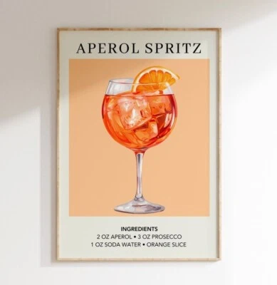 Aperol Spritz Cocktail Art Print Retro Minimalist | Bar Cart Kitchen Wall Decor