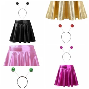 Girls Short Dress Skort Skirt Cheer Outfit Outer Glossy Uniform Flared Cosplay - Picture 1 of 69