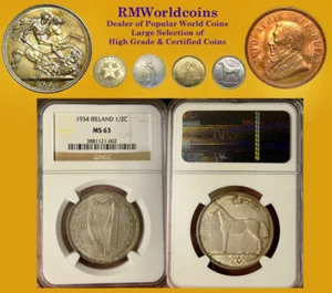 Ireland 1934 Half Crown, Rare Gem BU, NGC 63, Beauty Semi-Key Date, Small Pop. - Picture 1 of 2