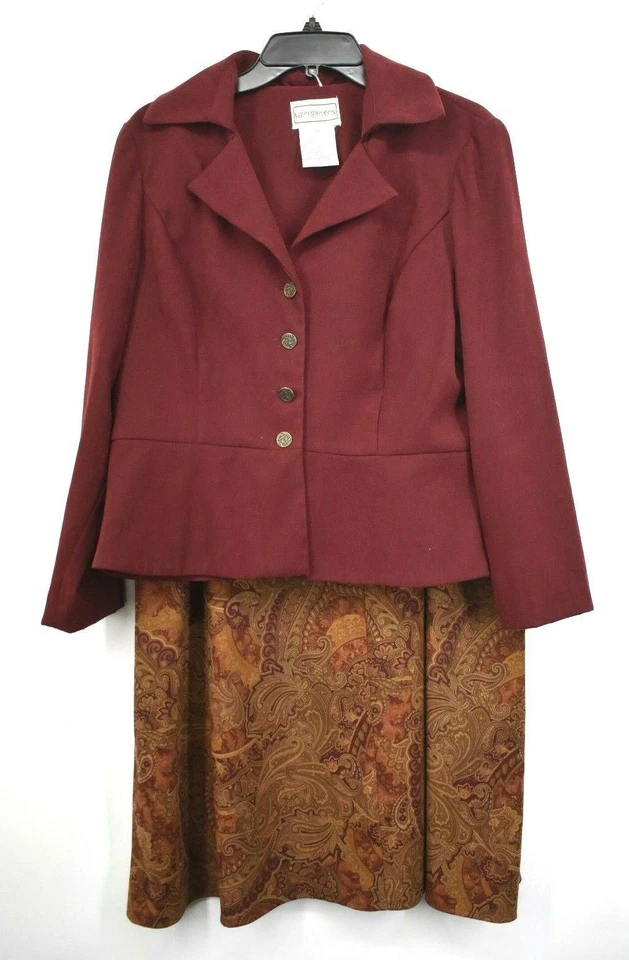 Conjunto de 2 piezas de falda de cachemira chaqueta de muesca borgoña vintage Karin Stevens para mujer 14 Foto 1 de 4