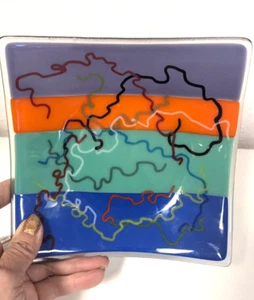 Fused Art Glass Blue Purple Tray Plate Trinket Dish 6.5in Orange Green MOD MCM - Picture 1 of 12