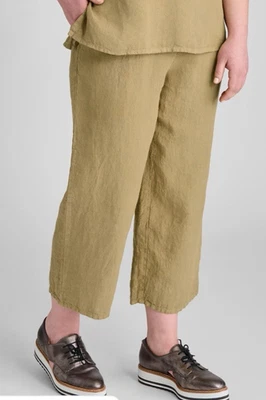 Flax Linen Pants Large Pull On Elastic Waist Wide Leg Lagenlook Crop Green Olive - Image 1 of 4