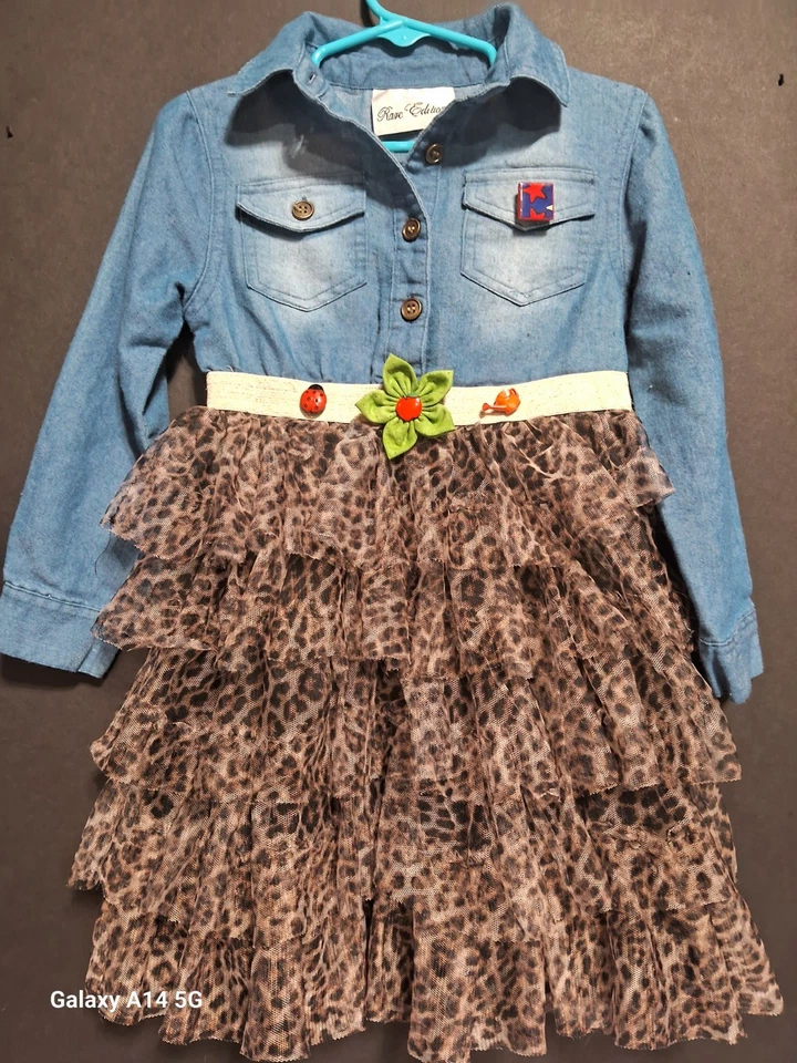 RARE EDITIONS Girls Denim Animal Print Mesh Pretty Decorated Dress Sz 4/4T - Image 1 of 4