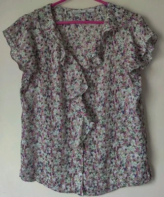 Liz Claiborne Women's Small Multi-Color Floral Print Short Sleeve Button Blouse  - Image 1 of 4