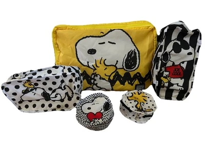 (Set of 5) New Snoopy Peanut Travel Storage Bags Yellow Polka dot Pouch Folding - Image 1 of 4