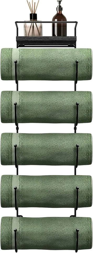 Sorbus Towel Rack Wall Mount – 6 Compartments of Black Metal Bathroom Towel Hold