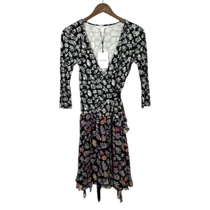 Diane von Furstenberg DVF 0 NWT Riviera Silk Knit Black Floral Skirt Wrap Dress - Picture 1 of 11