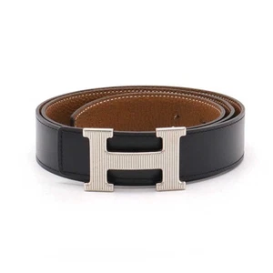 Hermes H Strier Reversible Leather Belt Black Brown Silver Hardware 95 P Engrav - Picture 1 of 7