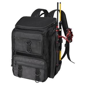 Fishing Backpack with Rod Holders Waterproof Rain Cover Large Tackle Box Black - Picture 1 of 6