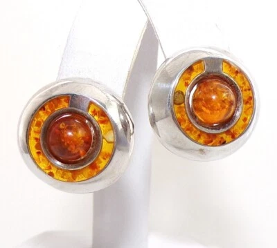 Pendientes Artist 875 Plata Ámbar Báltico Redondos Modernistas Omega Traseros Esterlina FZZ Foto 1 de 4