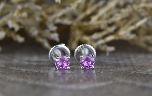 0.5ct Mini Simulated Pink Sapphire Screw Back Stud Earrings 14k WhiteGold Plated - Picture 1 of 5