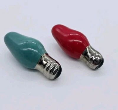 Christmas Bulb Clip Earrings Hand Painted Red Blue Deco Ceramic 1.5 in Vintage  - Image 1 of 4