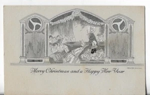 Vtg Christmas Card ART DECO 5x3.25 Woman Leading the Children in Carols - Picture 1 of 2