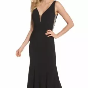 Abito da ballo donna nero XSCAPE con dettagli strass e pannelli trasparenti, taglia 10 - Foto 1 di 5