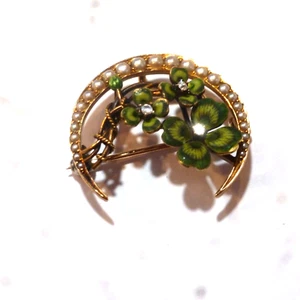 ANTIQUE 14K GOLD ENAMEL CLOVER PEARL 3-MINE CUT DIAMONDS BROOCH PENDANT - Picture 1 of 4