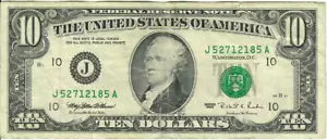 1995 10$ FRN - Small portrait w/ security thread - MEW/RER J52712185A - #15242 - Picture 1 of 2