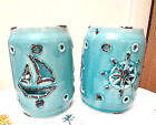 Mayrich Co. Art Pottery Set Sea Blue Sailboat Nautical Tea Light Candle Holder  