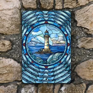 Nautical Lighthouse Metal Wall Sign 8x12 Inch Decor for Coastal or Beach House - Picture 1 of 3