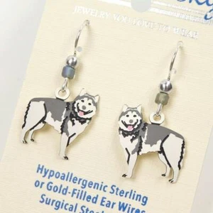 Sienna Sky Earrings Sterling Silver Hook Gray White Smiling Alaskan Malamute Dog - Picture 1 of 4