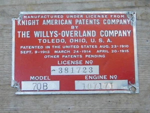1929 Willys-Overland Overland Model 70B I.D. Plate 3" x 2" Tag Emblem - Picture 1 of 2