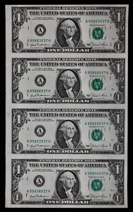 UNCUT SHEET of 4, $1 1981 CU Federal Reserve Notes A99883937H-A99898937H ppA2-D2 - Picture 1 of 2