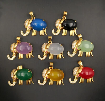 Collar Colgante Multicolor Real Calcedonia Ágata Jade Elefante 18KGP Estrás Foto 1 de 4