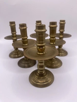 Mini Brass Candlestick Holders Vintage Candle Set Of 6 Drip Tray Bobeche 4" MCM - Image 1 of 4