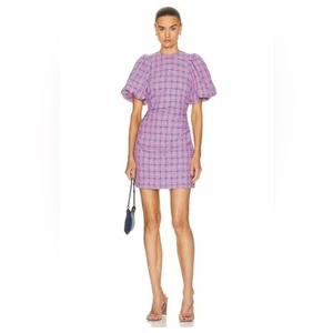 Mini vestido para mujer Ganni Wild Orchid rosa y azul manga abullonada a cuadros DK 36 US 6 - Imagen 1 de 12
