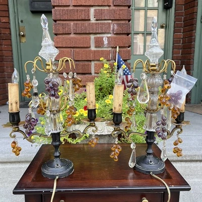 Antique French Crystal Bronze Candelabra Girandole Lamp Pair Grape Cluster As Is - Image 1 of 4