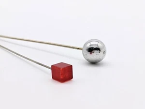 VTG 3" Red Acrylic Square Cube Stick Pin 5-1/4" Stainless Steel 1/2" Ball Hatpin - Picture 1 of 3