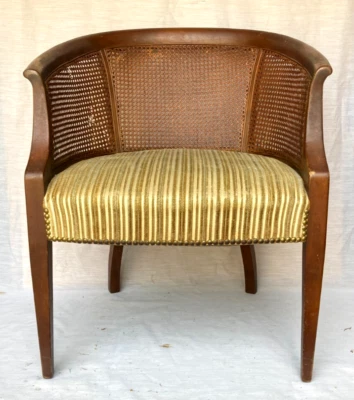 Antique Solid Wood Cane Back Barrel Upholstered Arm Chair Vintage - Rare! - Image 1 of 4