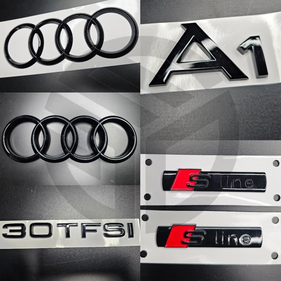 PREMIUM AFTERMARKET Audi A1 2019+ Gloss Black Badges GRILLE/BOOT/FENDER FULL SET/ 2 X S-Line/30 TFSI