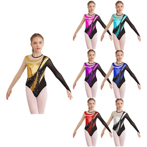 Girls Ballet Dance Unitard Bodysuit Long Sleeve Gymnastic Rhinestone Dancewear - Picture 1 of 67