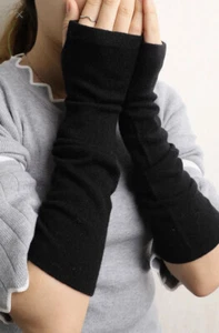 BNWT 100% Cashmere Wrist Long Arm Warmers Fingerless Gloves Black - Picture 1 of 5