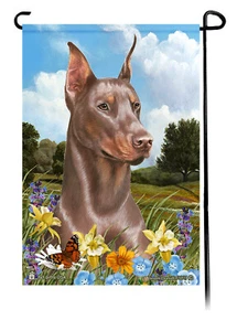 Summer Flowers Garden Flag - Cropped Fawn and Tan Doberman Pinscher - Picture 1 of 1