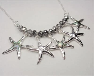 BEACH FASHION NAUTICAL SILVER RHODIUM & ABALONE STARFISH NECKLACE & EARRINGS - Image 1 of 4