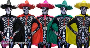MENS DAY OF THE DEAD COSTUME SKELETON SKINSUIT SOMBRERO HAT AND CAPE FANCY DRESS - Picture 1 of 11