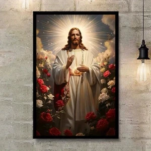 Jesus and Roses Canvas Art Picture Print Black Frame Large 60cm x 40cm - Picture 1 of 5