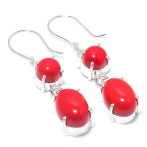 Red Coral Gemstone Handmade 925 Sterling Silver Jewelry Earring Size 1.9" - Picture 1 of 1