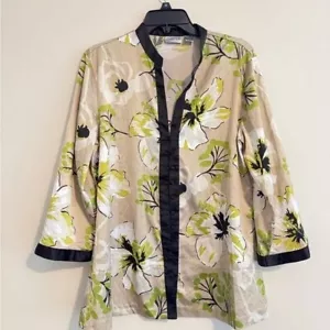 Chico's 2 silky black beige green cardigan button down EUC L XL 16 18 3/4 sleeve - Picture 1 of 5