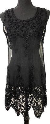 Camiseta sin mangas túnica transparente de encaje negro Pretty Angel mezcla de seda correa ancha grande NUEVA Foto 1 de 4