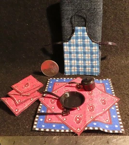 Apron Blue Plaid Kitchen Black Cookware Pot Pan Spatula 1:12 Mini Creative 7864 - Picture 1 of 3