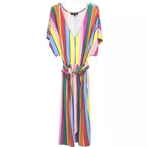 Eloquii Rainbow Wrap Around Dress Size 20 Multicolor Stripes Knee Length V Neck - Picture 1 of 9