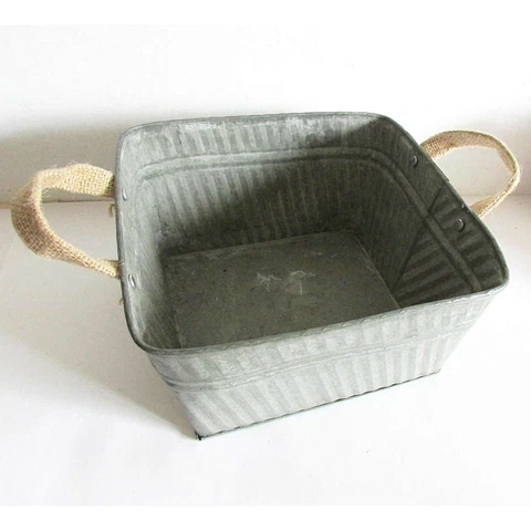 Burlap Handled Galvanized Metal Washtub Basket clear liner 8.5x8.5x4.5" FREE SH Cover