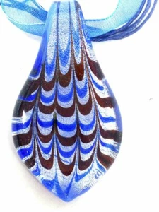 Silver and Gold Foil Blown Glass Leaf-Shaped Pendant Necklace on Lacing - Picture 1 of 9