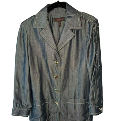 Traje Chaqueta Mujer Escada 38 Blazer Azul Bolsillos Muesca Solapa Bolsillos Hasta la Cadera Foto 1 de 4