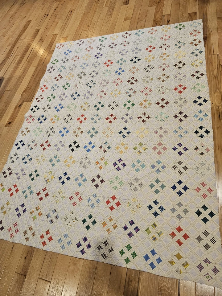 Vintage Handmade Cathedral Window Quilt 83" X 61" Plus Pillow Shams - Image 1 of 4