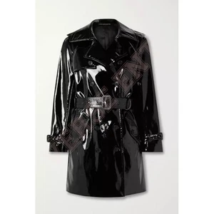 Women Black PVC Trench Vinyl Shiny Patient Raincoat Stylish Gothic Trench Coat - Picture 1 of 3